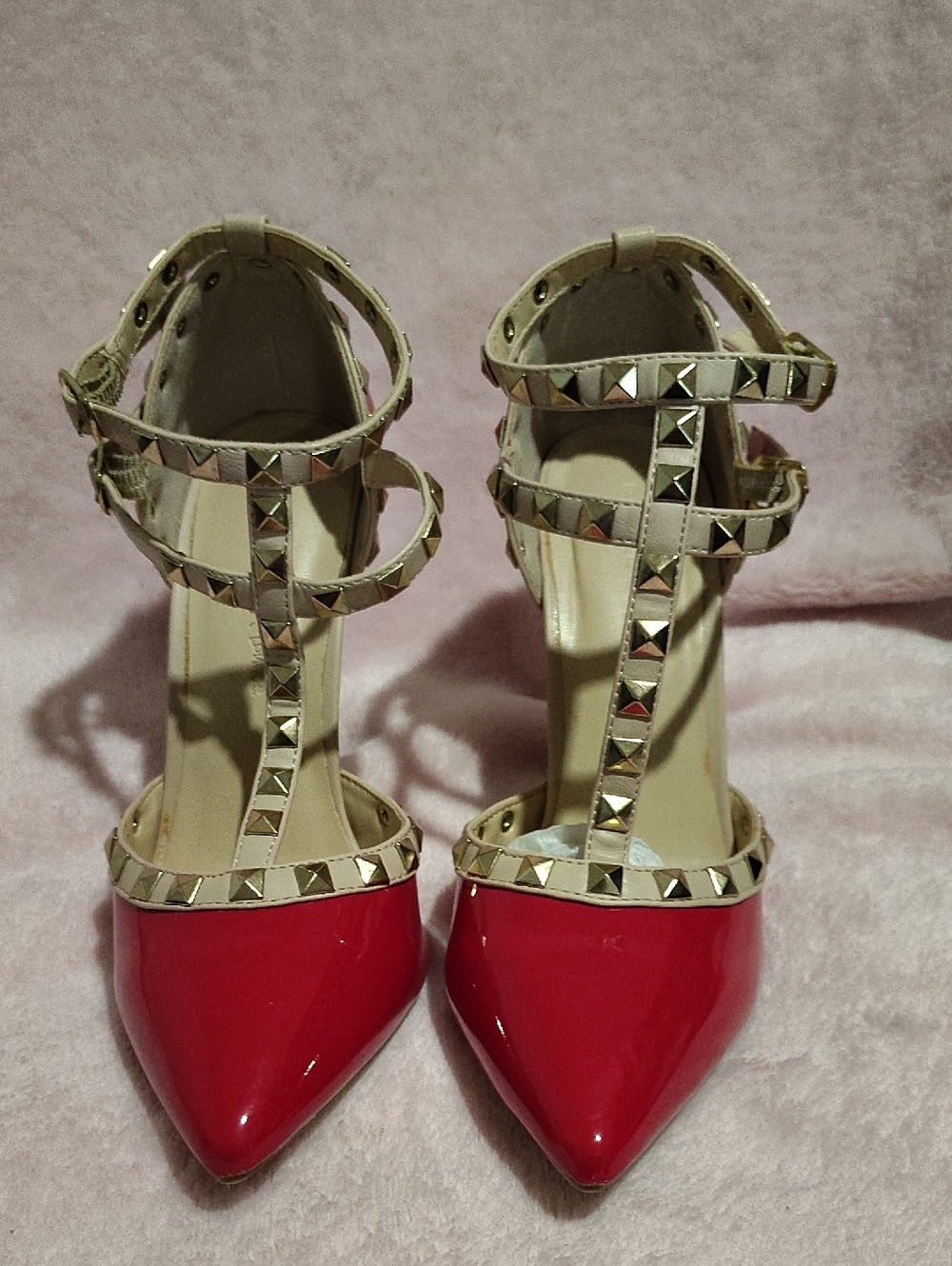 Wild Diva Red Patent Pointed-Toe Studded T-Strap Heels